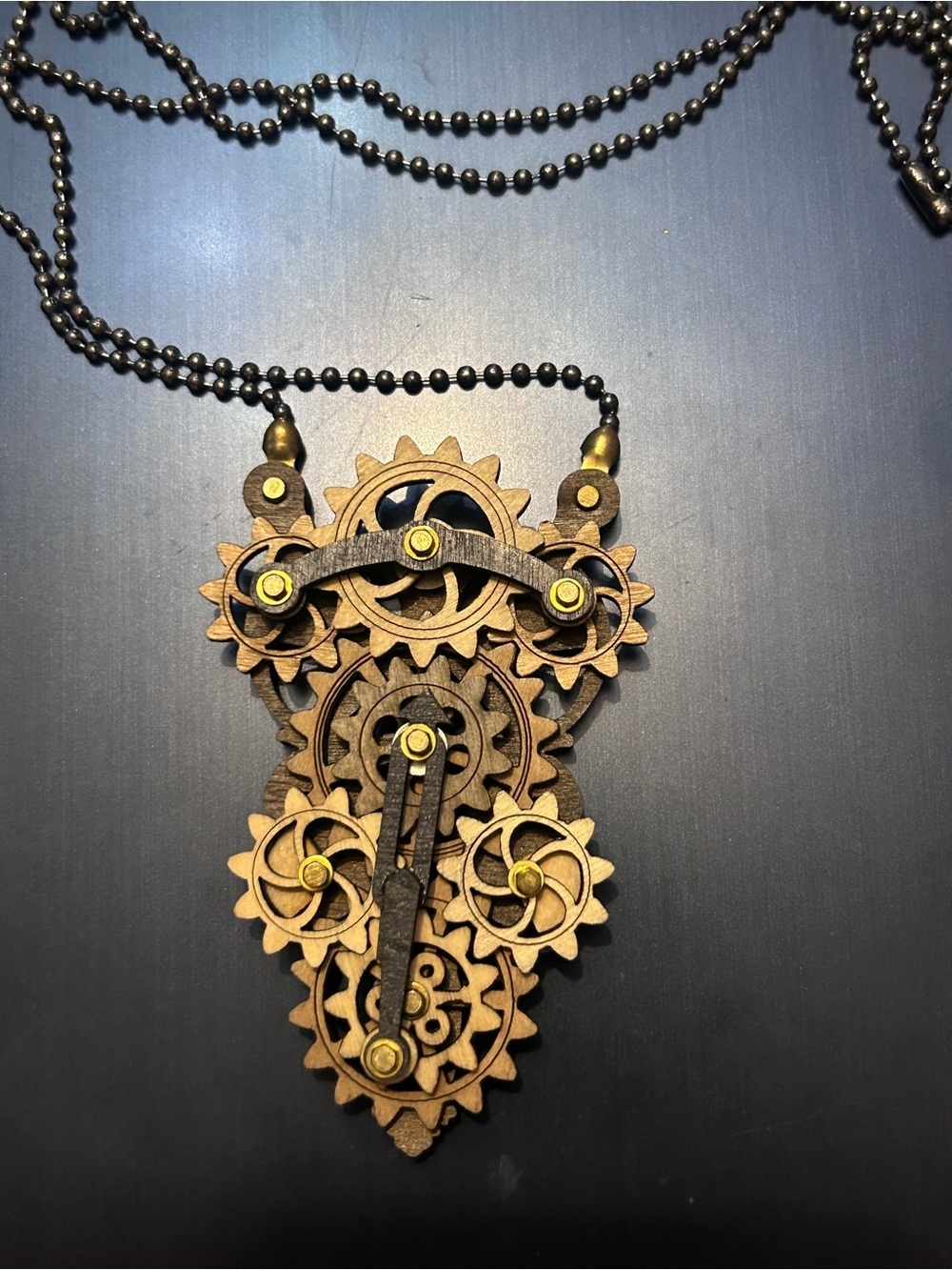 Handcrafted Wooden Steambunk Gear Wall Necklace in Brown